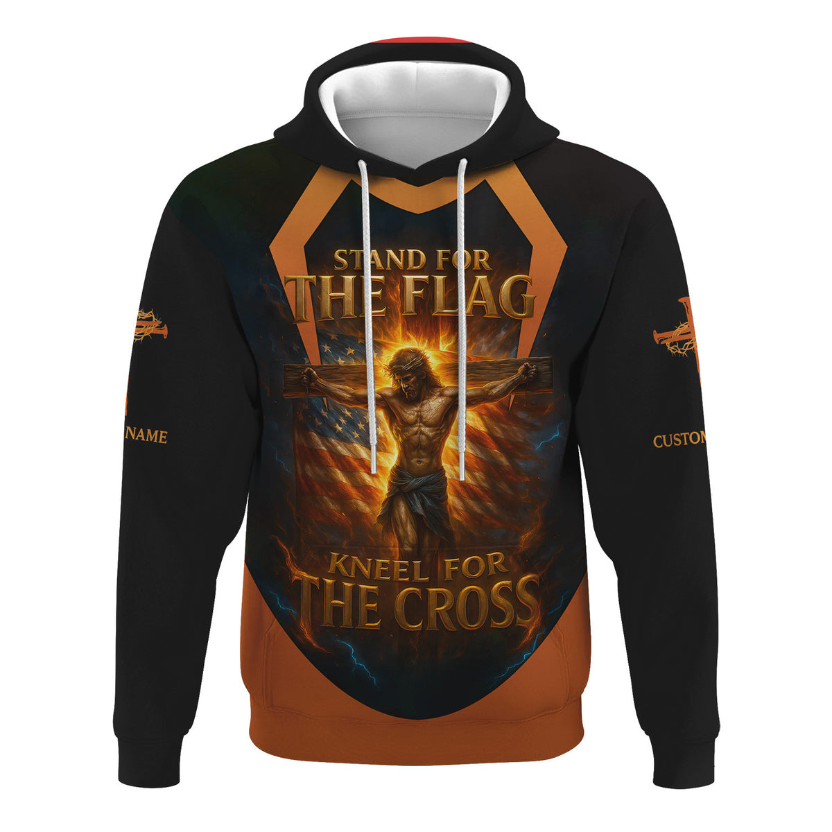 Custom Name Stand For The Flag, Kneel For The Cross Jesus Printed Black Shirt For Men And Women Christian Apparel
