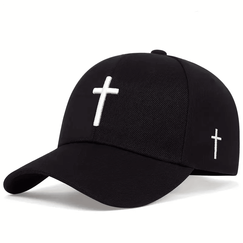 Black Baseball Cap with White Cross Embroidery, Adjustable Hat for Men & Women, Trendy & Stylish Religious Cap