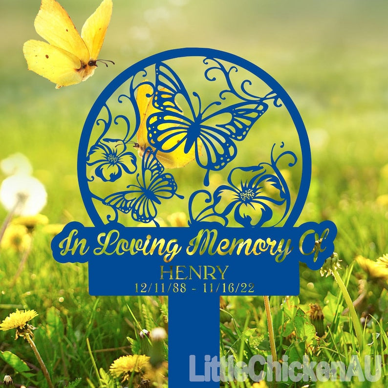 Custom Butterflies Memorial Stake, Butterflies and Flower, Butterfly Metal Stake, Sympathy Sign, Grave Marker,Garden Decor