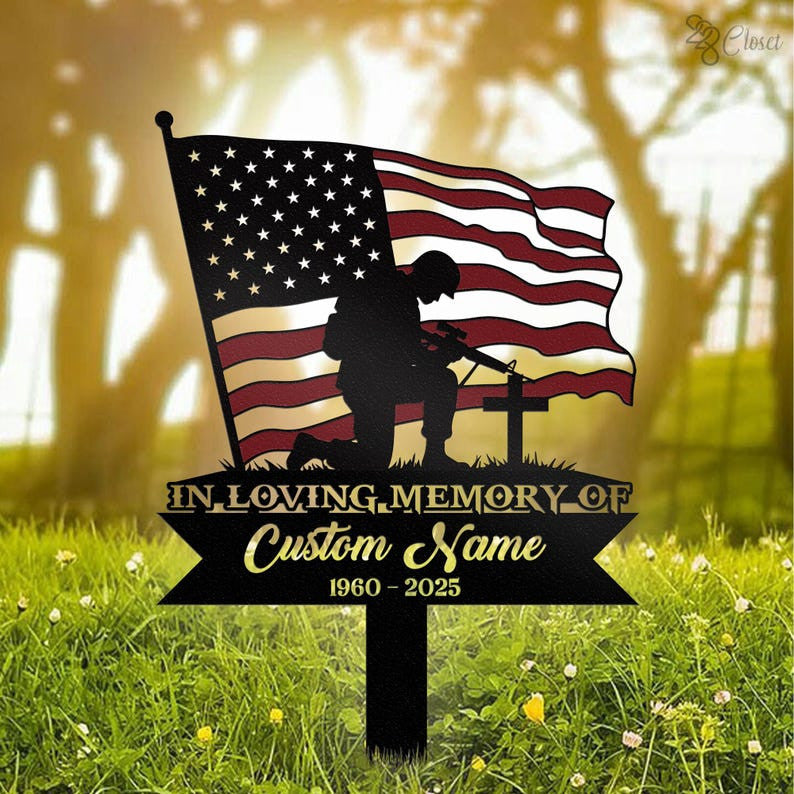 Personalized Kneeling Soldier Memorial Metal Stake, Army Memorial, Memorial Veteran, Sympathy Gift, Military Funeral Sign