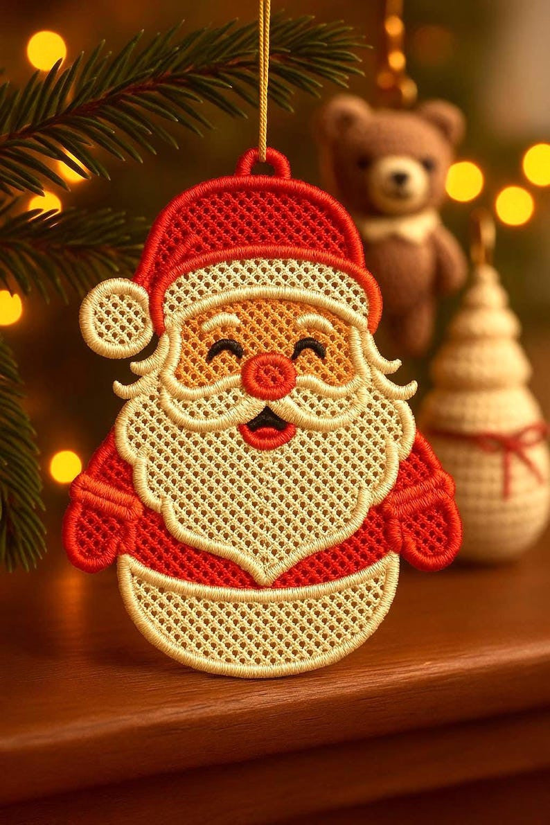 Santa Claus Embroidered Christmas Ornament, Lace Santa Decoration, Handmade Holiday Tree Ornament, Festive Xmas Home Decor Gift