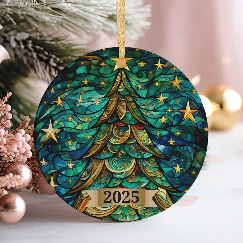 Christmas Tree Ornament 2025, Stained Glass Holiday Decoration, Elegant Keepsake Gift for Family, Coworkers, Friends