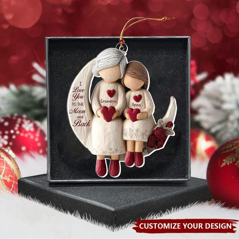 Grandma And Grandchild Moon Love Ornament, Christmas Keepsake For Grandma, Personalized 2D Flat Acrylic Ornament