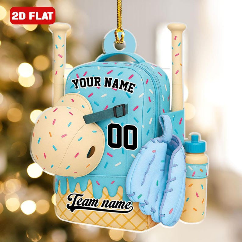 Baseball Bag Personalized Christmas Ornament, Ice Cream Drip Baseball With Name Number Ornament, Custom Name Baseball Team Gift Drip Sprinkles