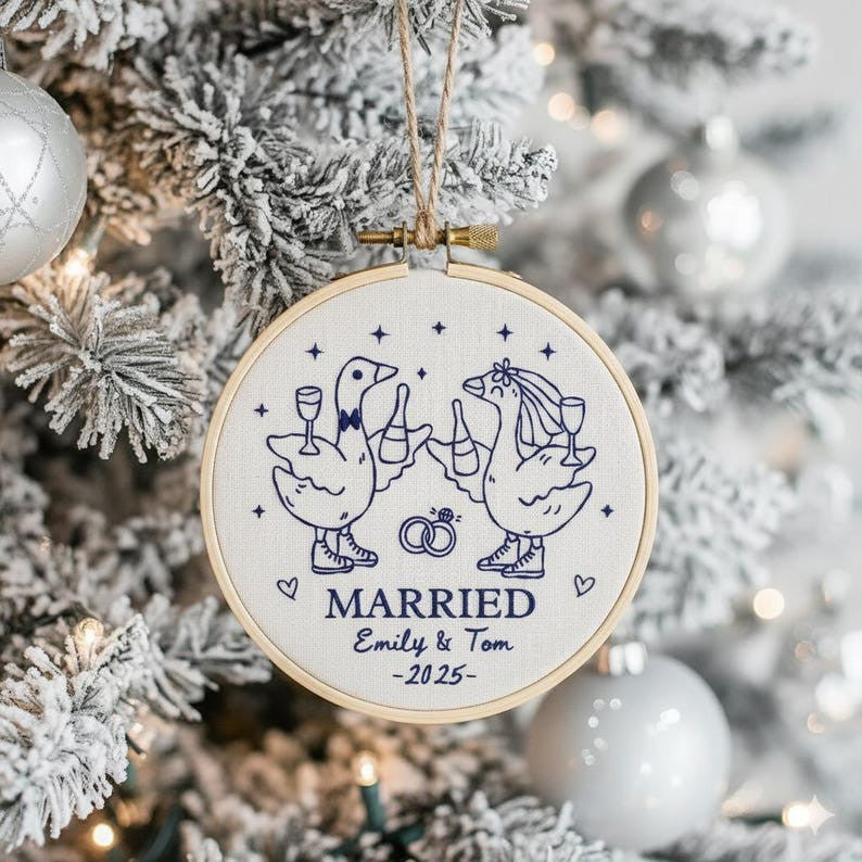 Personalized Couple Goose Hand Embroidered Christmas Ornament, Custom Wedding Ornament, 1st Christmas Ornament, 2025 Couple Tree Decor