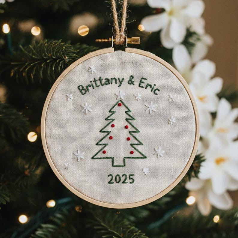 Personalized New Couple 2025 Christmas Ornament, Custom Name Hand Embroidered Ornament, Handmade Holiday Tree Decor, Couple Keepsake