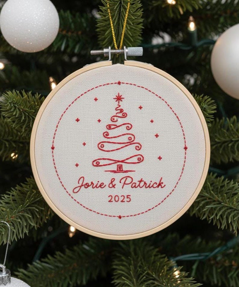 Personalized Couple First Christmas Ornament, Custom Name Hand Embroidered Ornament, Handmade Holiday Tree Decor, Unique Christmas Gift