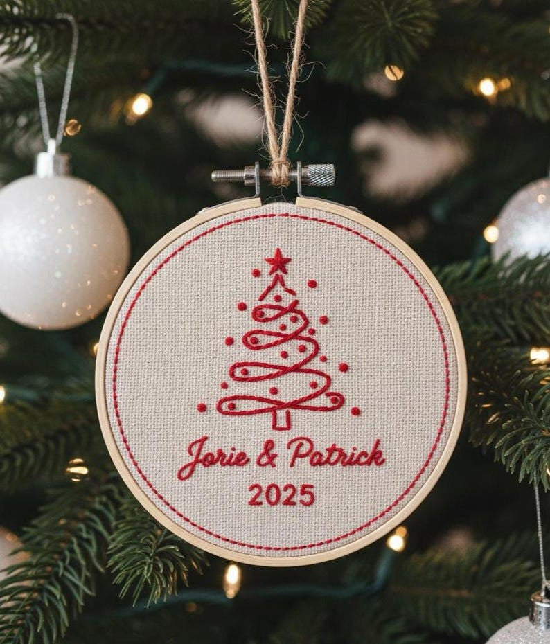 Personalized Couple First Christmas Ornament, Custom Name Hand Embroidered Ornament, Handmade Holiday Tree Decor, Unique Christmas Gift