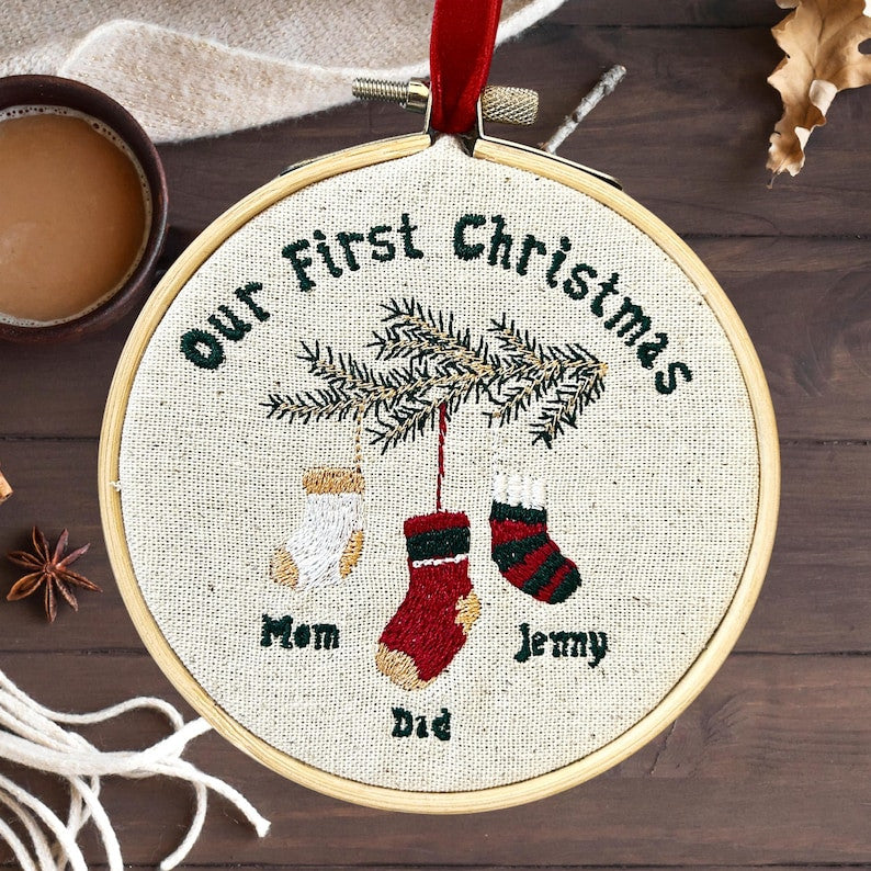 First Christmas Ornament, Embroidered New Baby Gift Family of Three Embroidered Ornament Keepsake Personalized Baby 1st Christmas