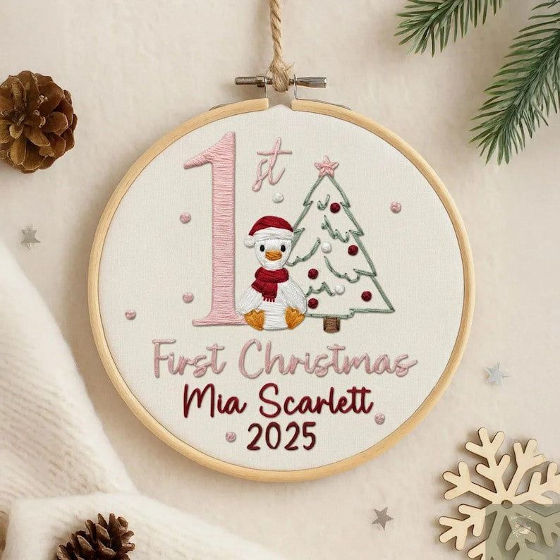 Personalized Baby’s Bear First Christmas Embroidery Hoop Ornament, Personalized Embroidered Keepsake, Custom Name Hoop, Newborn Xmas Gift