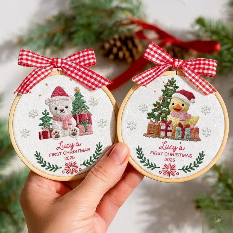 Personalized Baby’s First Christmas Ornament 2025, Personalized Hand Embroidered Hoop Art, Custom New Baby Gift, Keepsake Ornament