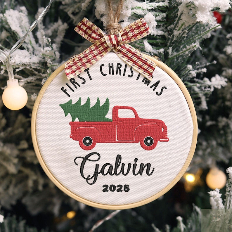 Personalized Baby's First Christmas Car Hand Embroidered Ornament, Handmade Holiday Decor, 2025 Gift for New Baby,Custom Christmas Gift