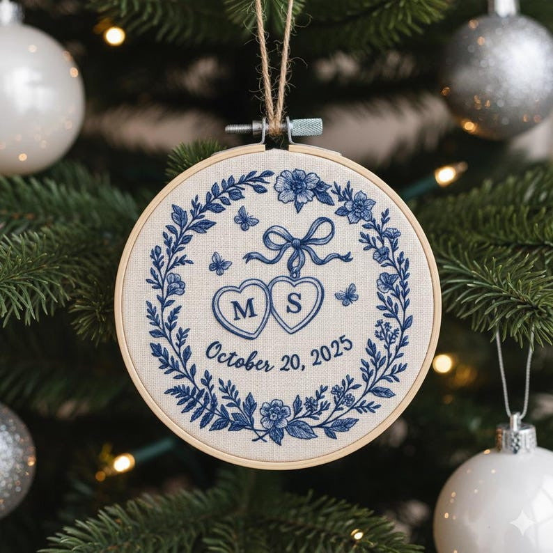 Personalized Our First Christmas Married Ornament, Custom Name Christmas Ornament Couple, Hand Embroidered Ornament, 2025 Holiday Tree Decor