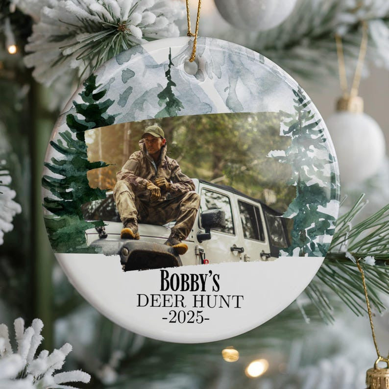 Deer Hunting Photo Ornament, Hunting Friend Gifts, Christmas Tree Ornament, Personalized Christmas Ornament, Holiday Decor, Ceramic Ornament
