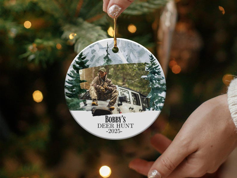 Deer Hunting Photo Ornament, Hunting Friend Gifts, Christmas Tree Ornament, Personalized Christmas Ornament, Holiday Decor, Ceramic Ornament
