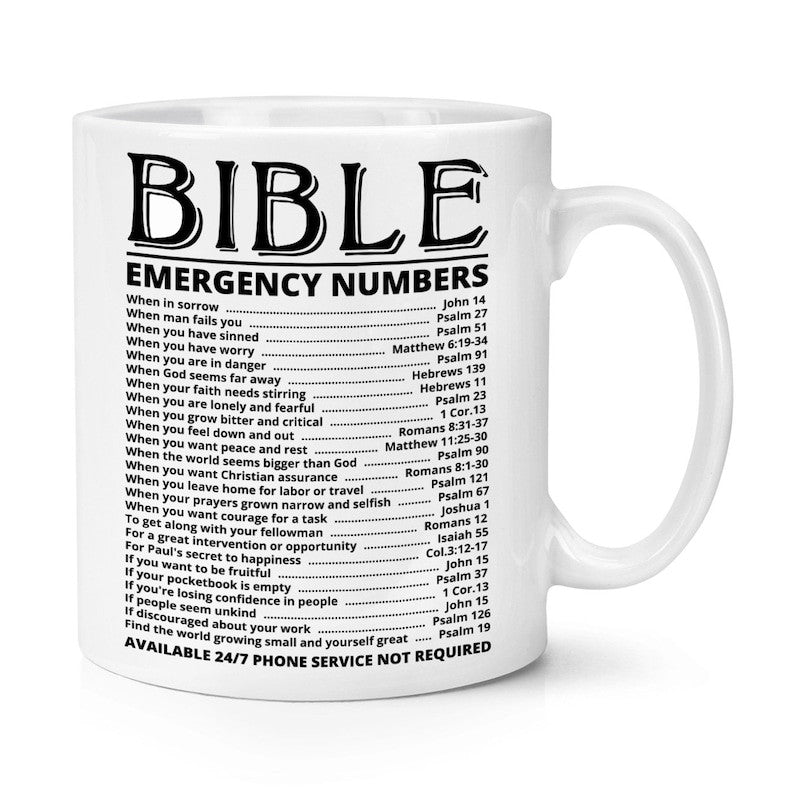 Bible Emergency Numbers 10oz Mug Cup God Jesus Funny Joke Birthday Christmas Christian Gifts Dad Fathers Day Son Daughter