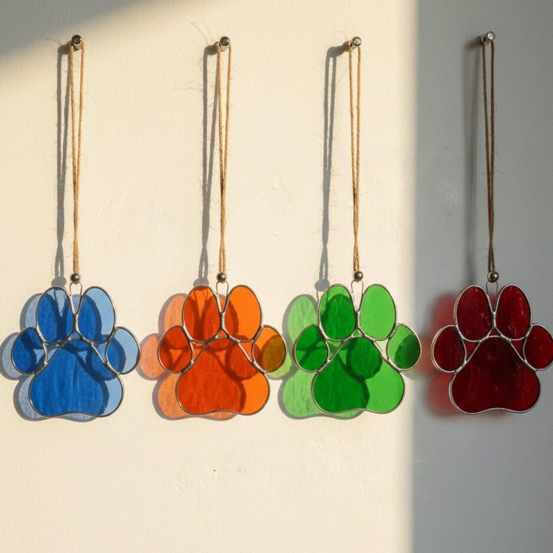 Paw Print Stained Glass Suncatcher, Pet Lover Gift, Rainbow Window Hanging, Handmade Animal Memorial Decor
