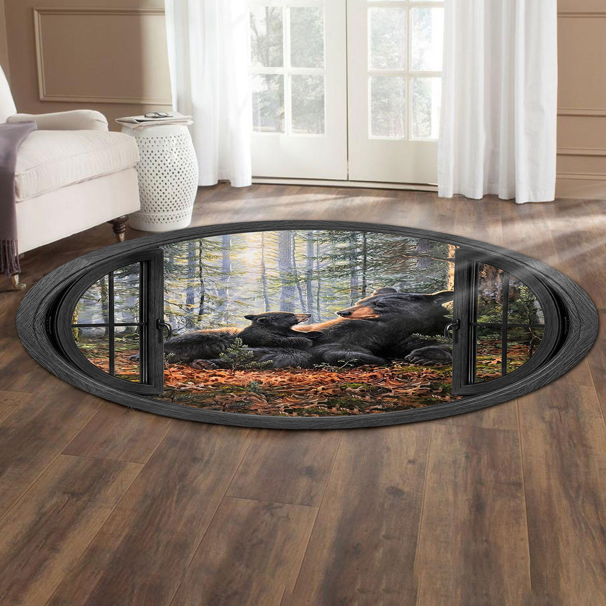 Bear Family Round Area Rug, Window Forest Wildlife Rug, Black Bear Nature Home Decor, Cozy Floor Mat Gift for Dad Husband