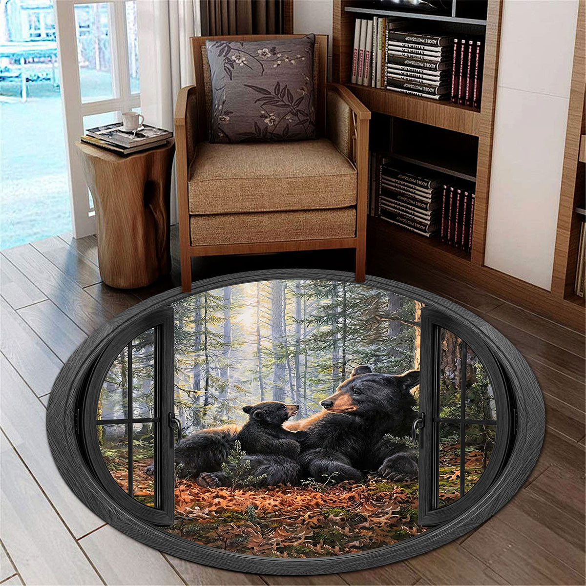 Bear Family Round Area Rug, Window Forest Wildlife Rug, Black Bear Nature Home Decor, Cozy Floor Mat Gift for Dad Husband