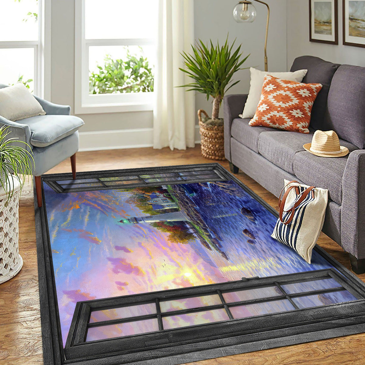 Area Rug Lighthouse Ocean View 3D Illusion Window Floor Rug, Coastal Living Room Decor, Home Decor Gift