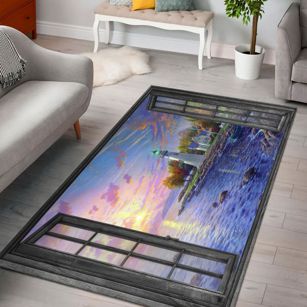 Area Rug Lighthouse Ocean View 3D Illusion Window Floor Rug, Coastal Living Room Decor, Home Decor Gift