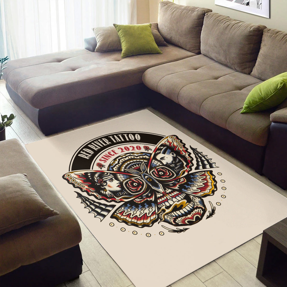 Tattoo Style Area Rug, Skull Butterfly Rug, Gothic Home Decor for Living Room Bedroom, Tattoo Artist Gift, Gift for Him