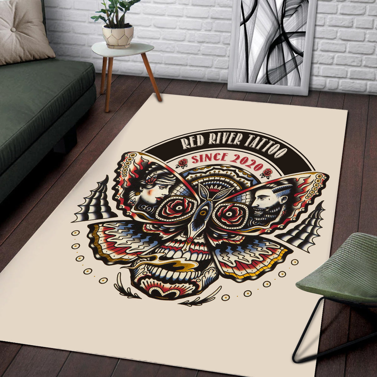 Tattoo Style Area Rug, Skull Butterfly Rug, Gothic Home Decor for Living Room Bedroom, Tattoo Artist Gift, Gift for Him