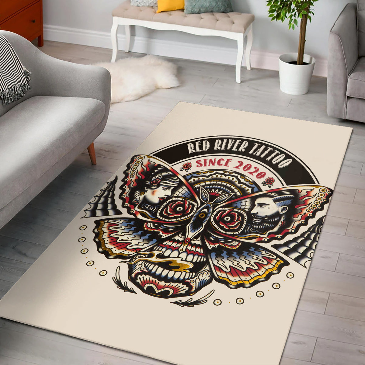 Tattoo Style Area Rug, Skull Butterfly Rug, Gothic Home Decor for Living Room Bedroom, Tattoo Artist Gift, Gift for Him