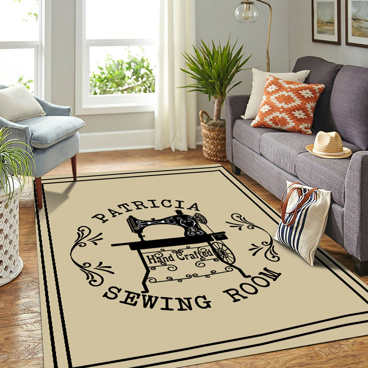 Personalized Sewing Room Area Rug, Custom Name Sewing Machine Rug, Craft Room Decor for Home, Gift for Sewing Lovers