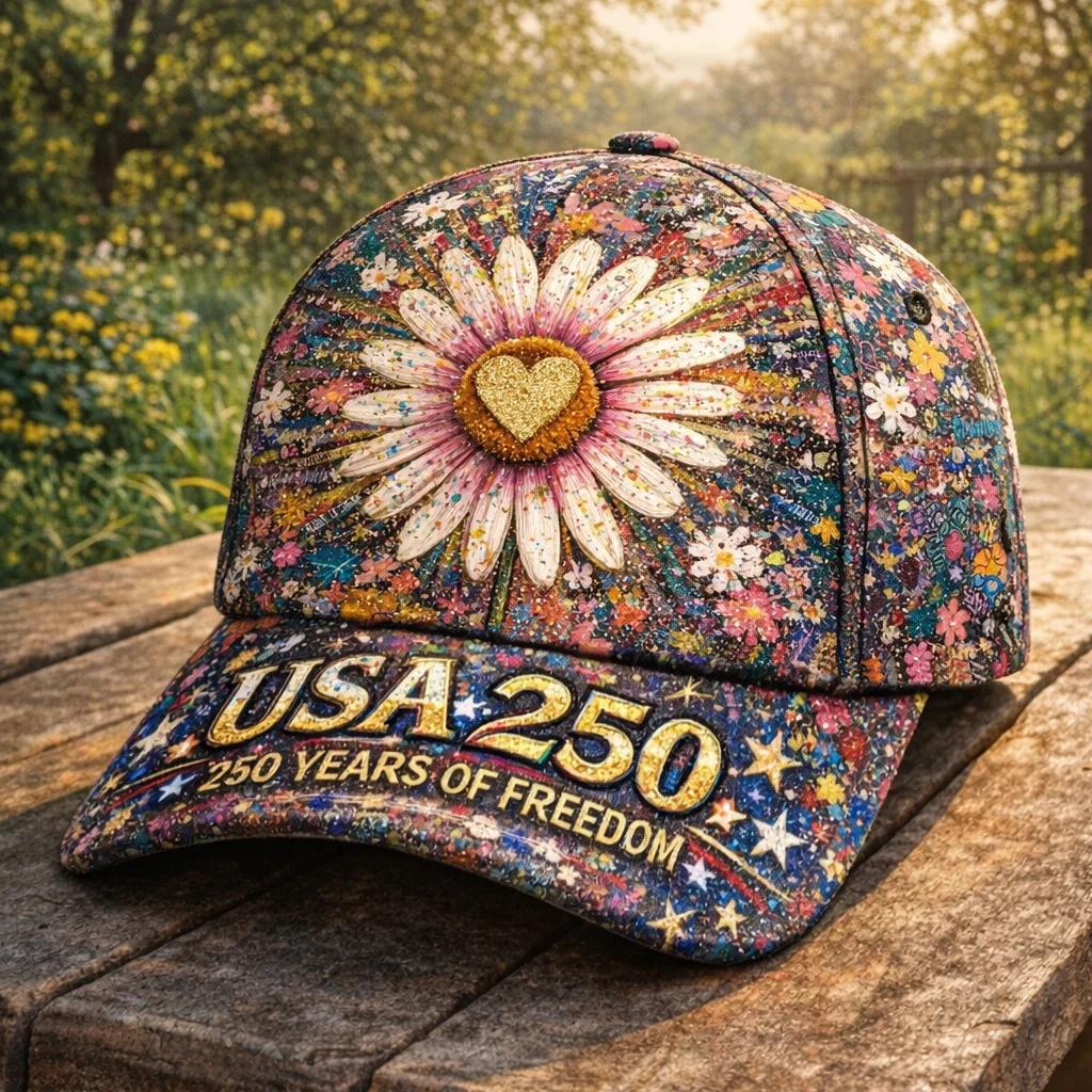USA 250 Floral Daisy Hat, 250 Years of Freedom Baseball Cap, Patriotic Flower Heart Hat, Vintage American Gift for Her