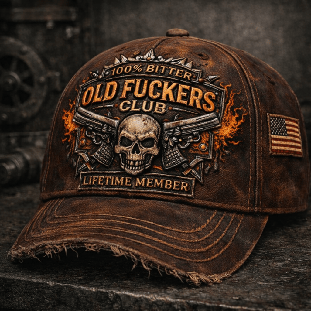 100% Bitter Old Fuckers Club Trucker Printed Hat, Skull Gun Vintage Biker Cap, Lifetime Member Distressed Hat, Gift for Men Dad