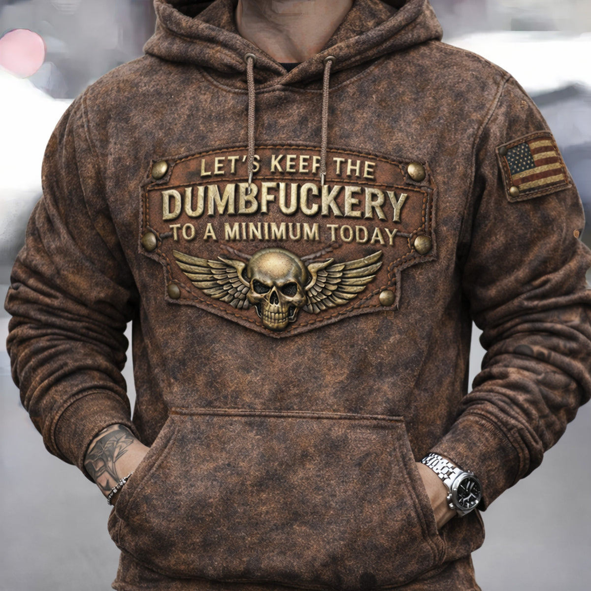 Vintage Skull Wing Hoodie Lets Keep The Dumbfuckery To A Minimum Today Biker Military Style Hoodie Gift for Dad Husband