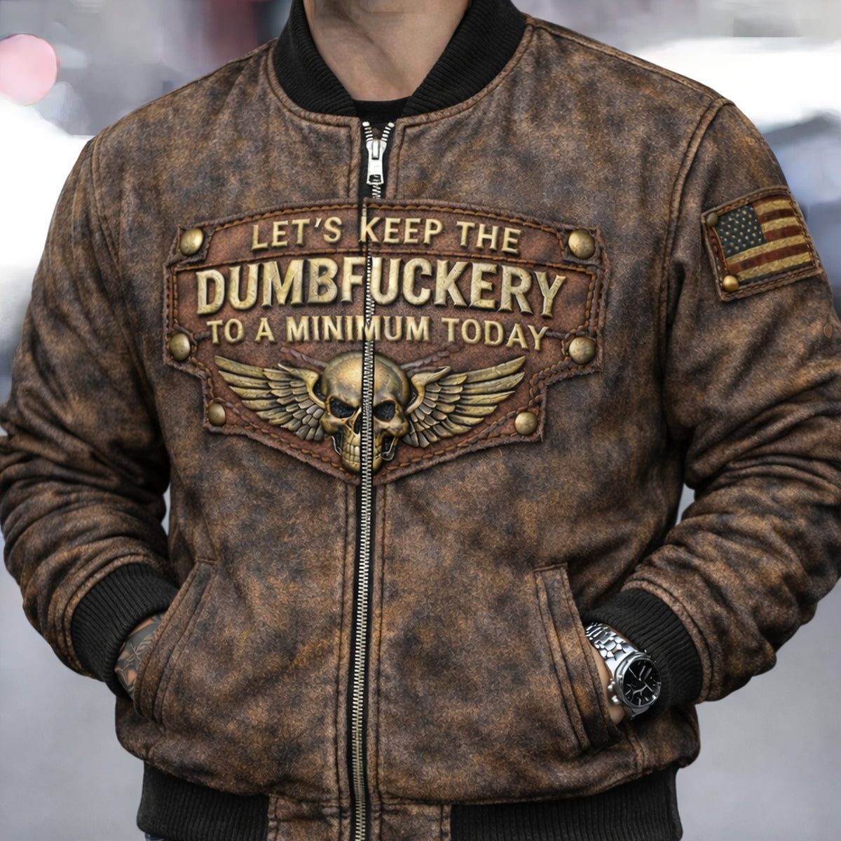 Vintage Skull Wing Bomber Jacket Lets Keep The Dumbfuckery To A Minimum Today Biker Military Leather Style Gift for Husband