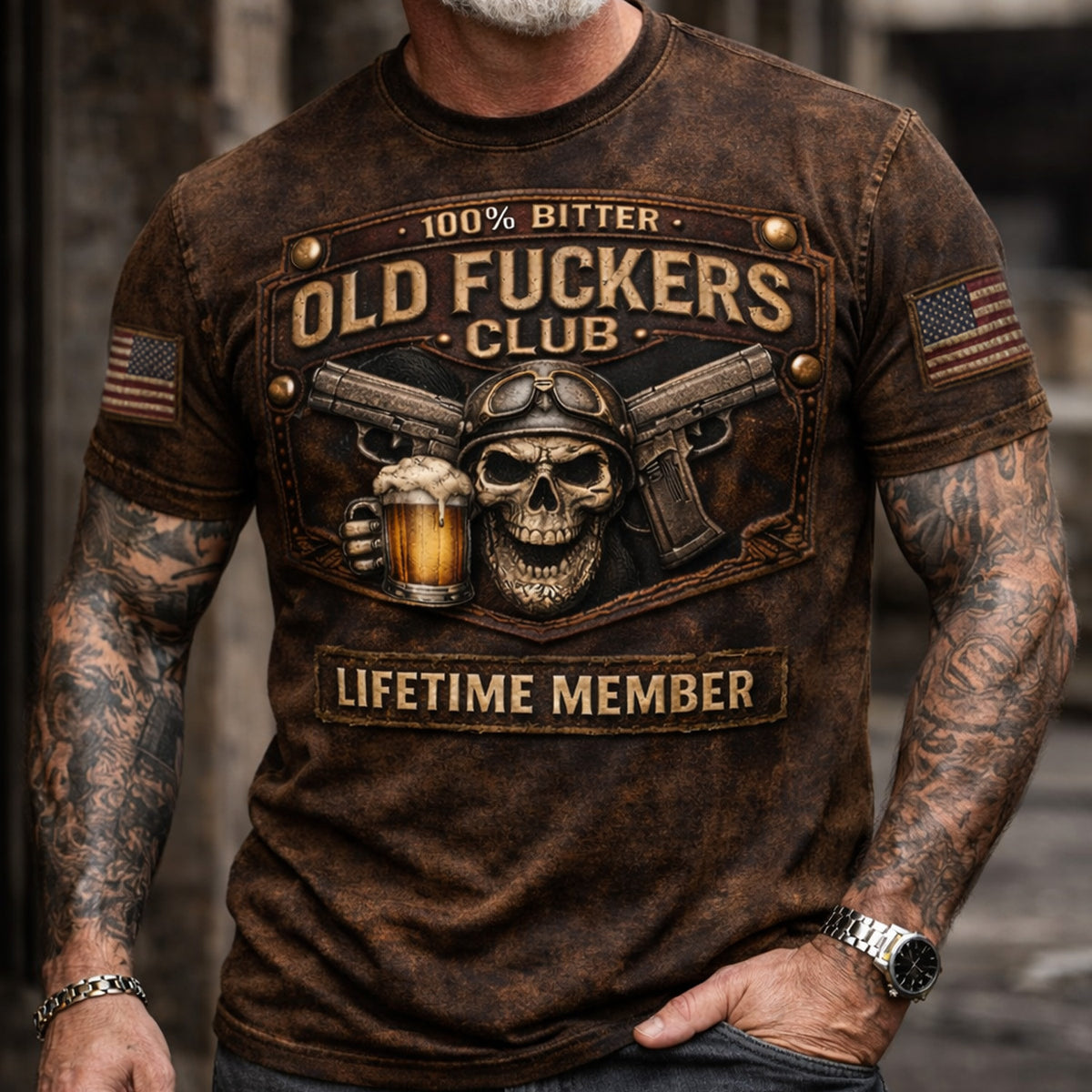 Old Fuckers Club Lifetime Member T Shirt Vintage Biker Skull Beer Graphic Gift For Dad Older Men, Vintage Printed Shirt