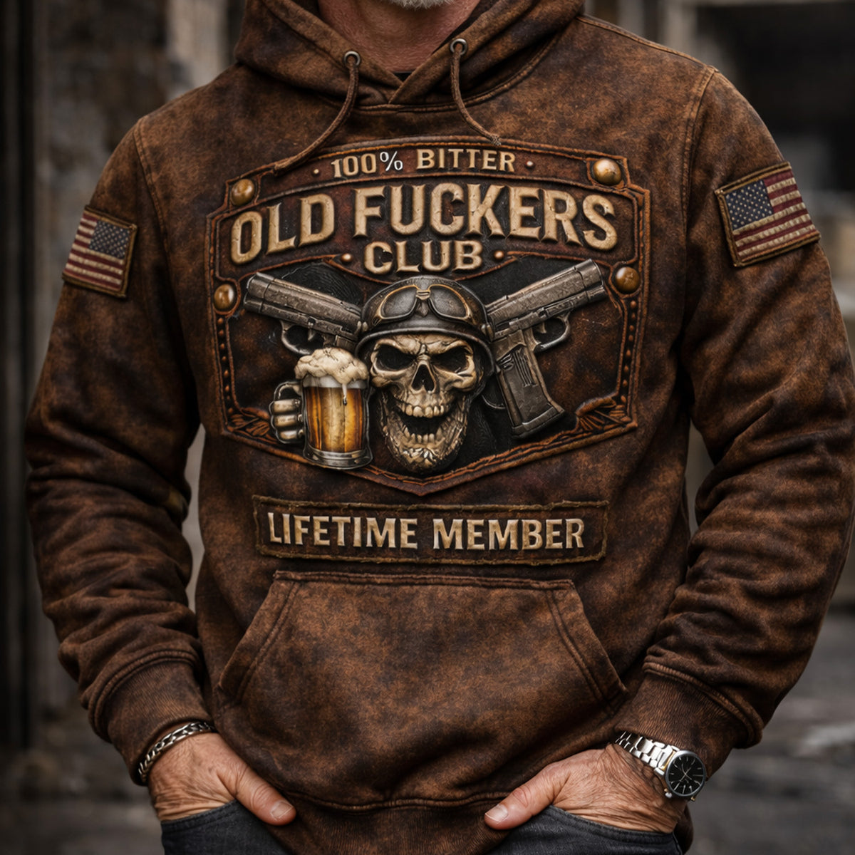 Old Fuckers Club Lifetime Member Hoodie Vintage Biker Skull Beer Graphic Gift For Dad Older Men Vintage Printed Shirt