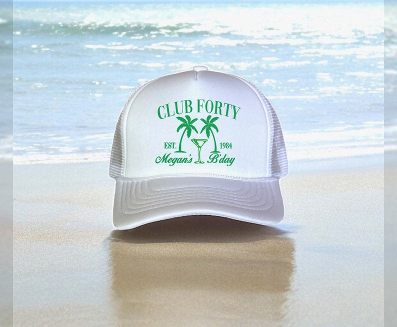 Club Forty Personalized Trucker Hat, Tropical Beach Birthday Cap, Custom Name & Year Hat, 40th Birthday Gift for Men Dad Husband