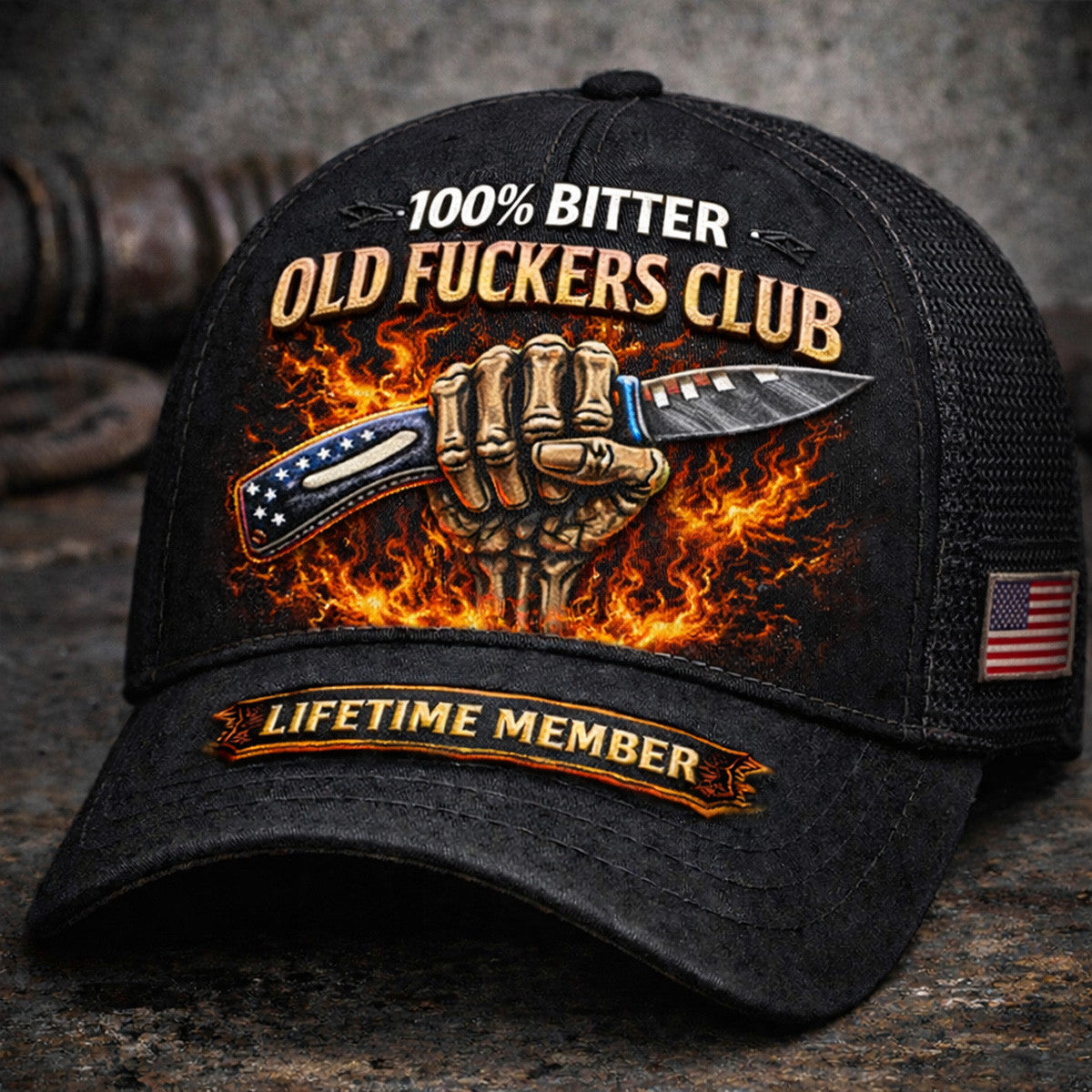 100% Bitter Old Fuckers Club Printed Trucker Hat, Skeleton Hand With Knife Graphic, Lifetime Member Bold Statement Cap