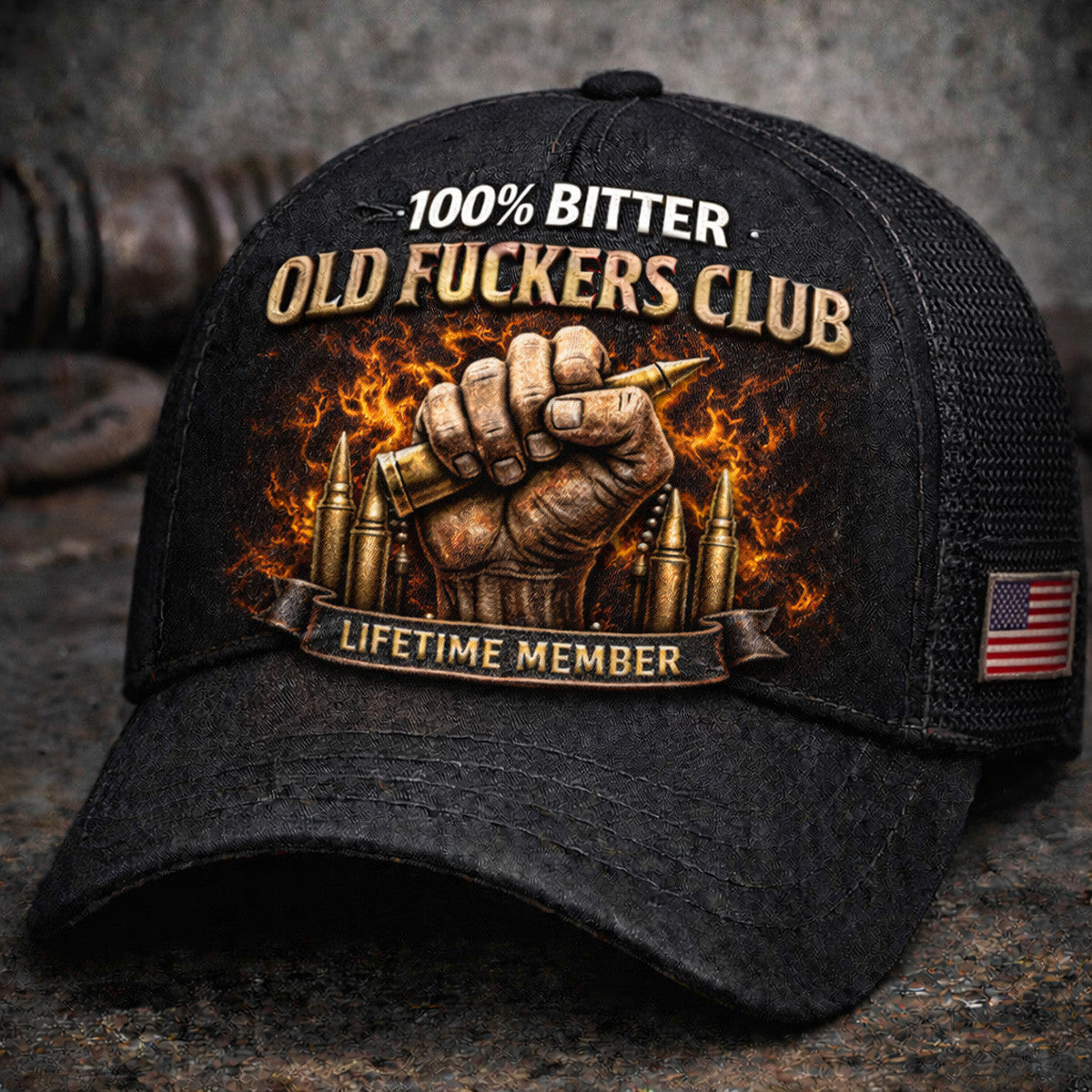 100% Bitter Old Fuckers Club Printed Trucker Hat, Skull Fist With Bullet Graphic, Lifetime Member Bold Patriotic Cap