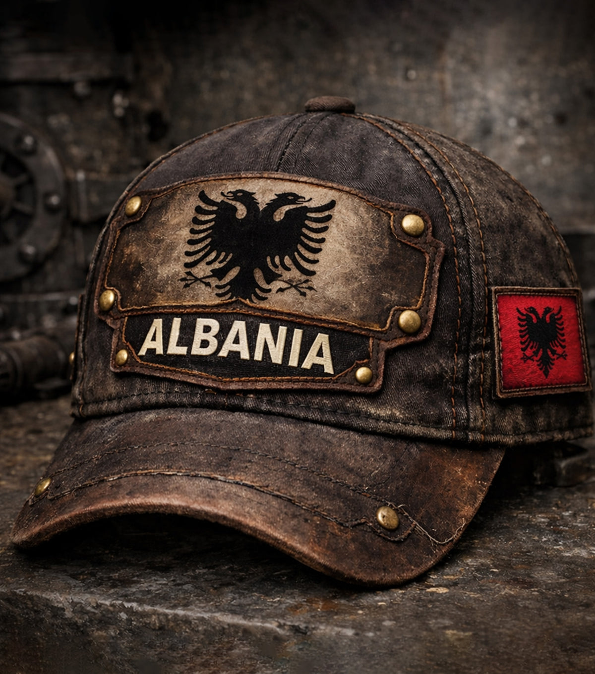 Albania Double Eagle Printed Distressed Cap, Albanian Flag Graphic Print Hat, Balkan Pride Gift for Men