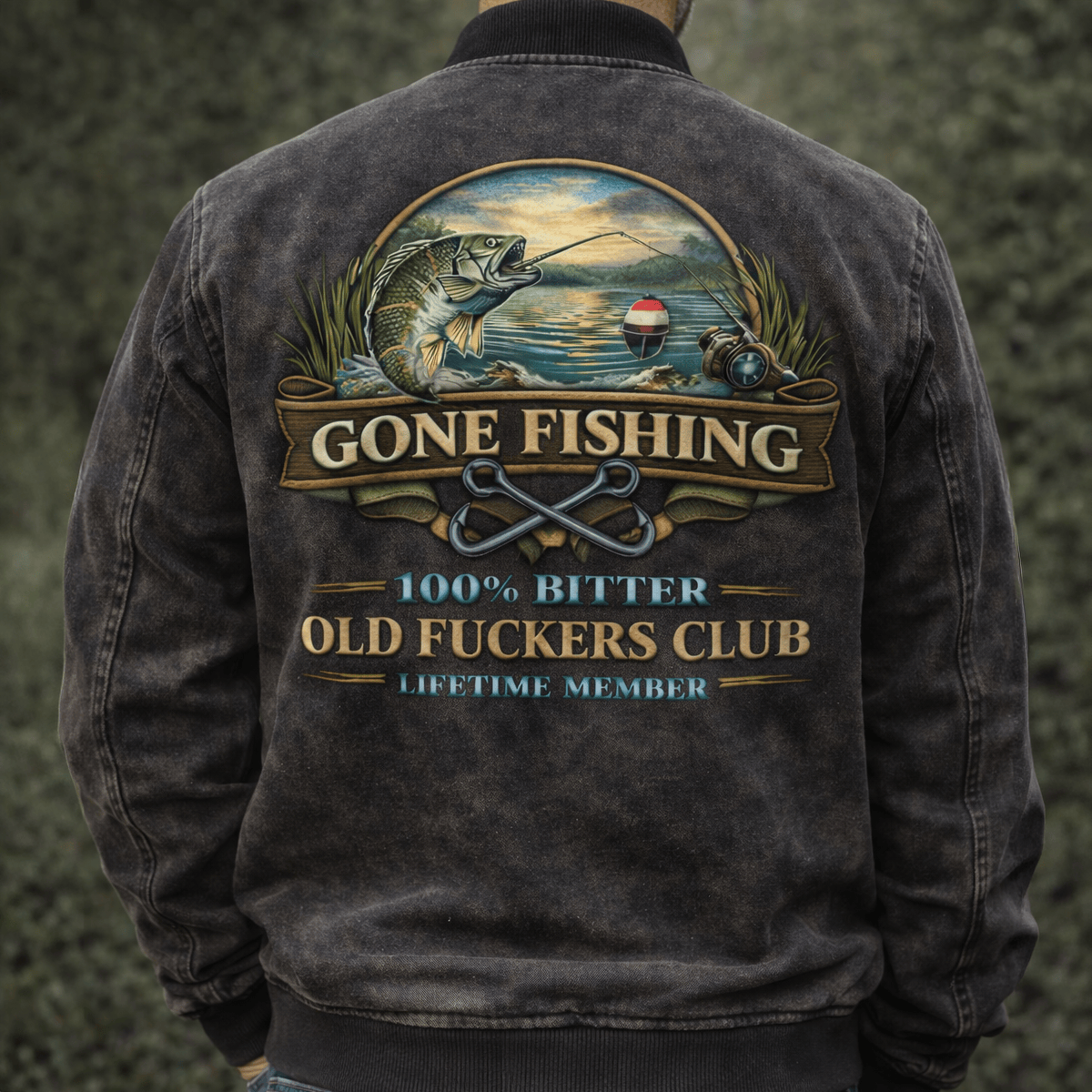 Gone Fishing Printed Bomber Jacket Back Print 100% Bitter Old Fuckers Club Lifetime Member Vintage Fishing Graphic Funny Retirement Gift for Grandpa
