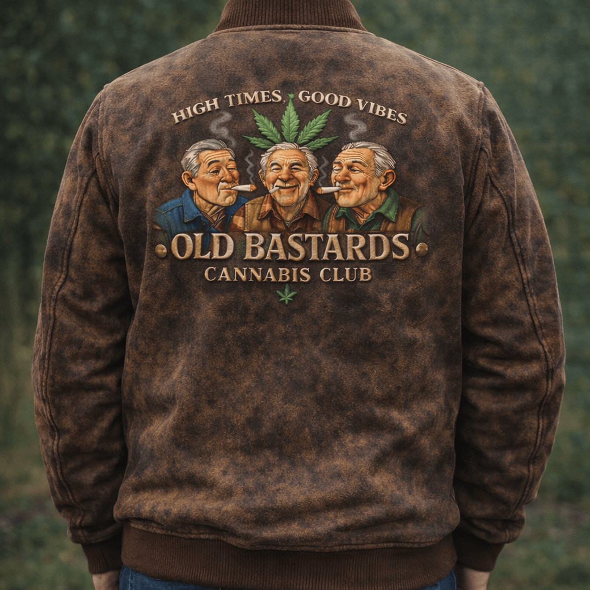 Old Bastards Cannabis Club Bomber Jacket, High Times Good Vibes Print, Funny Stoner Grandpa Gift, Cannabis Lover Vintage Style Jacket For Men