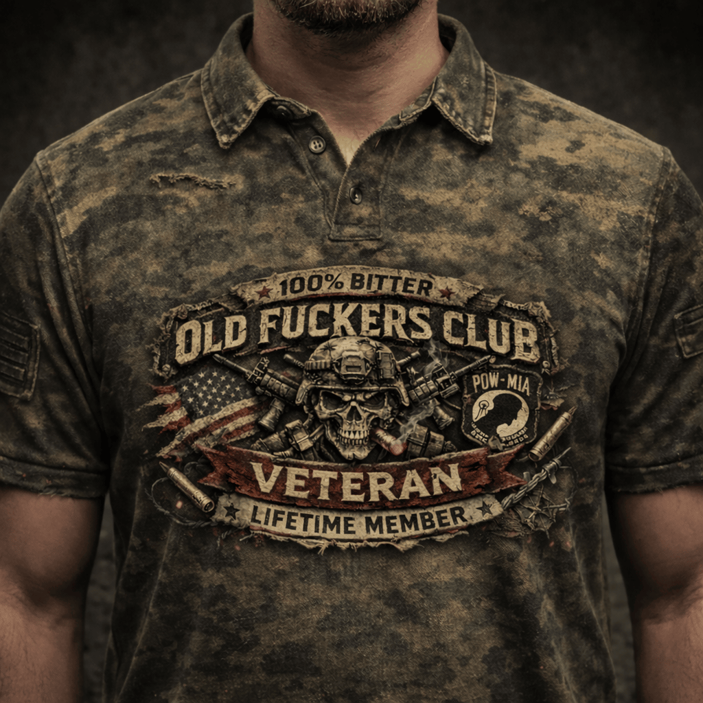 Old Fuckers Club Veteran Printed Polo Shirt, 100% Bitter Skull Graphic Print Camo Top, Lifetime Member Gift for Him