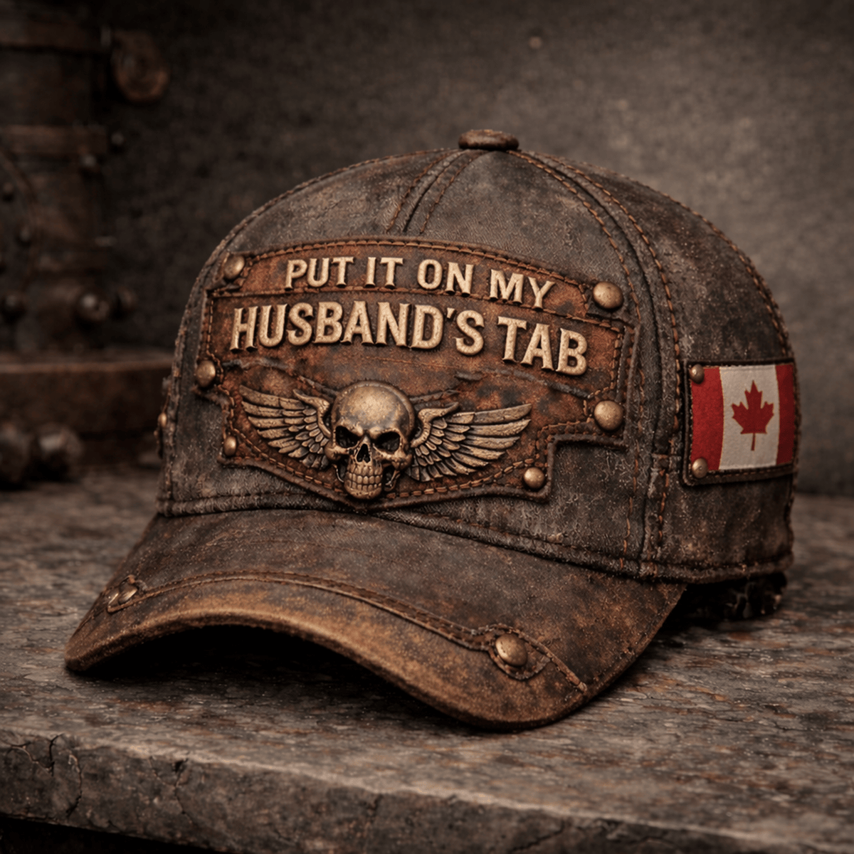 Put It On My Husband’s Tab Printed Trucker Hat, Funny Wife Skull Cap With Canada Flag Patch, Biker Bar Humor Gift For Her