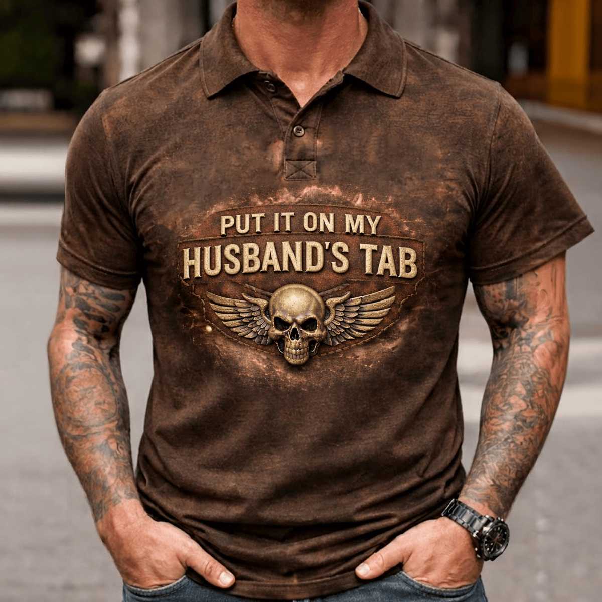 Put It On My Husband’s Tab Printed Polo Shirt, Funny Skull Graphic Biker Style Top, Rustic Distressed Printed Gift For Wife