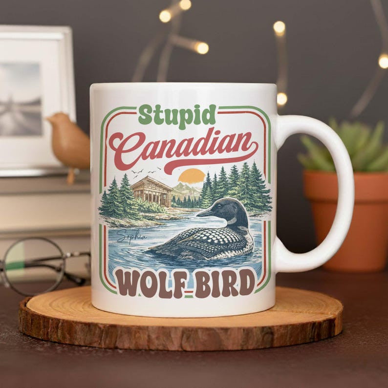 Personalized Stupid Canadian Wolf Bird Mug, Funny Loon Coffee Cup, Vintage Canada Wildlife Gift, Retro Nature Lover Ceramic Mug