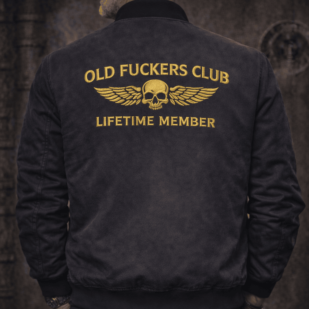 Old Fuckers Club Lifetime Member Printed Bomber Jacket, Funny Biker Skull Jacket, Vintage Graphic Bomber, Birthday Gift for Men Dad Grandpa