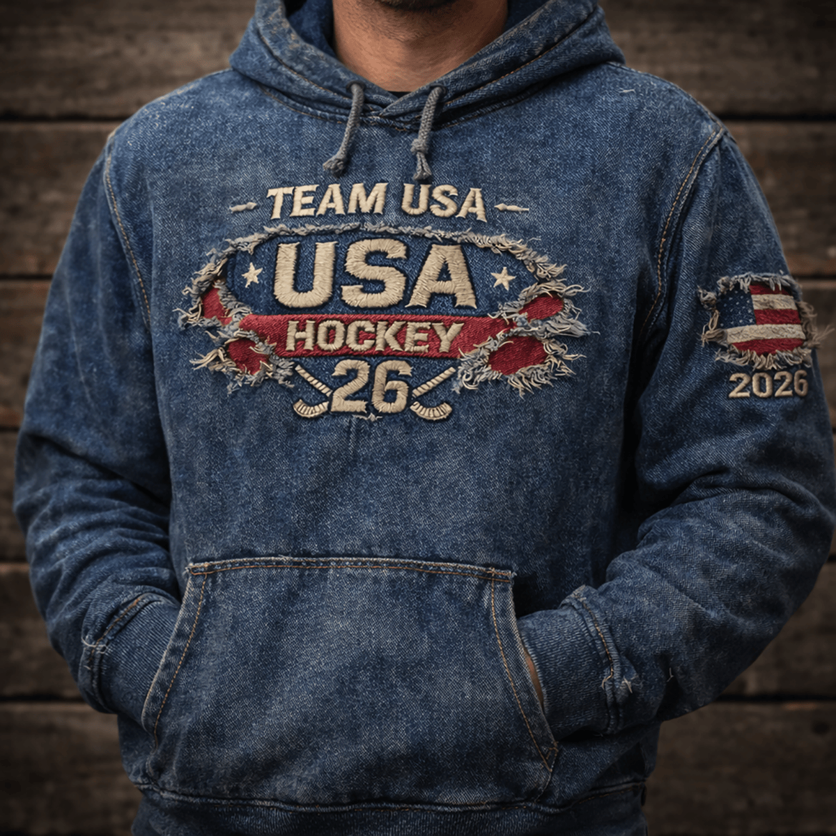 Team USA Hockey 2026 Printed Hoodie, USA Hockey Fan Hoodie, Patriotic USA Hockey Hoodie, Vintage Distressed Printed USA Sports Hoodie Gift