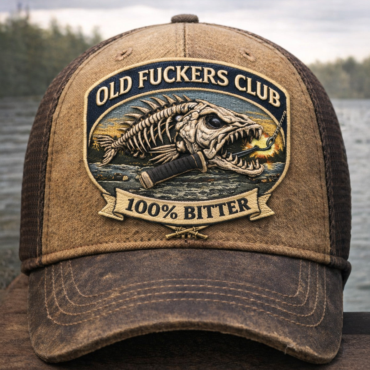 Old Fuckers Club Bitter Printed Cap, Fishing Skull Trucker Hat, Funny Fisherman Gift, Vintage Angler Dad Cap