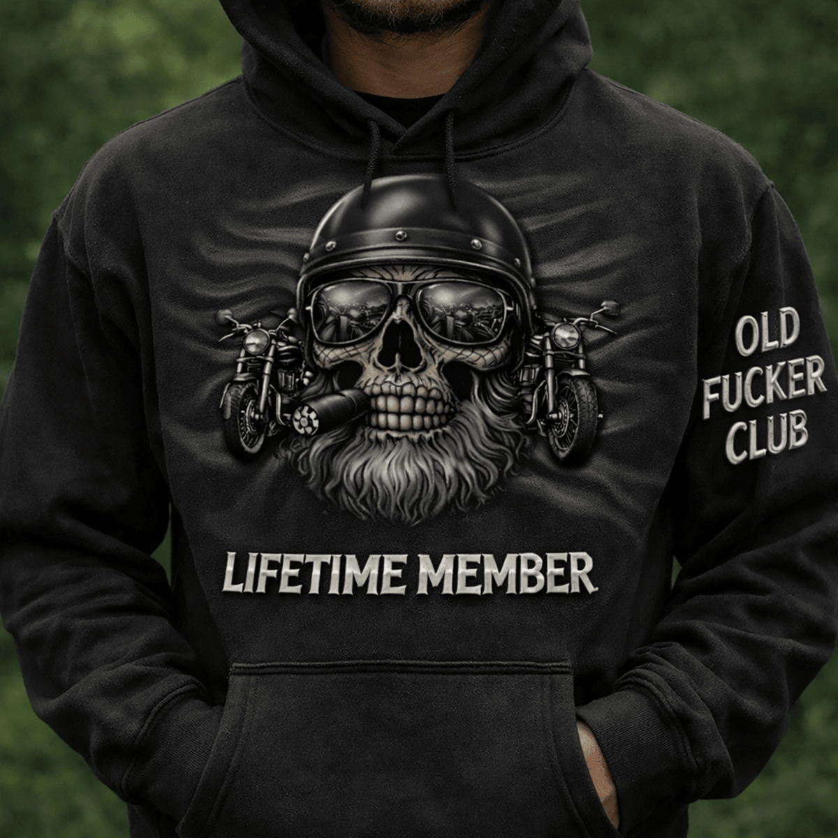 Old Fucker Club Lifetime Member Printed Biker Skull Hoodie, Motorcycle Rider Print Hoodie, Funny Biker Dad Hoodie, Father’s Day Gift for Dad