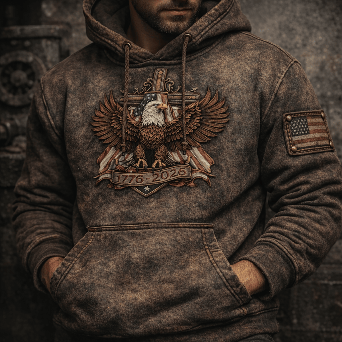 1776-2026 American Eagle Printed Hoodie, Patriotic USA Flag Hoodie Print, Vintage American Pride, Father’s Day Gift for Dad
